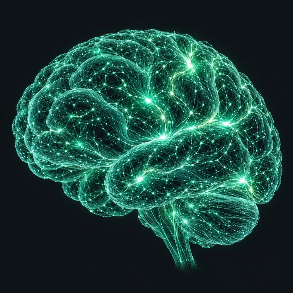 A three-dimensional brain formed from luminous neural fibers, with animated impulses traveling across its folds.