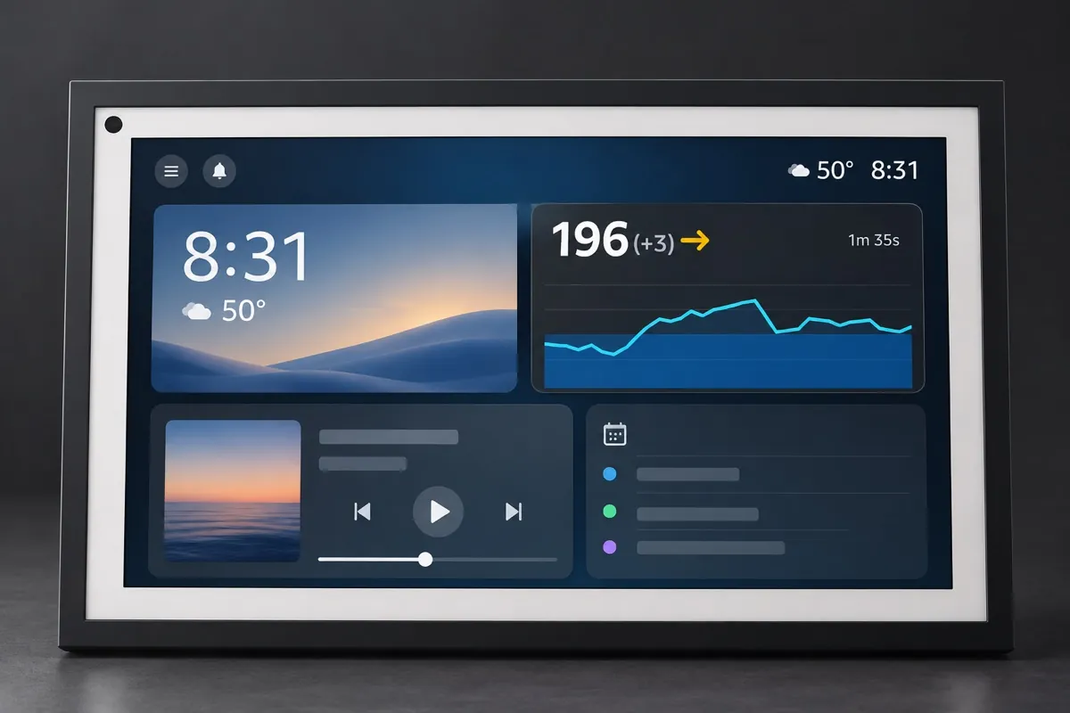 Product visualization of an Echo Show 15 displaying the glucose widget on its home dashboard.